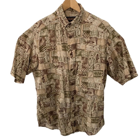 Woolrich John Rich Shirt Mens M Short Sleeve Button Cotton Tan Tiki Fish Print - Picture 3 of 6